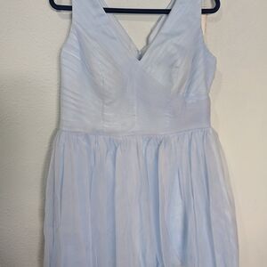 Elegant light blue V-neck wedding bridesmaids dress